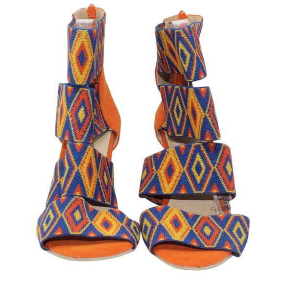 Tribal Gladiator 9.5M Blue Orange Multicolored Ankle Strap Zipper Accent Heels - Picture 3 of 7